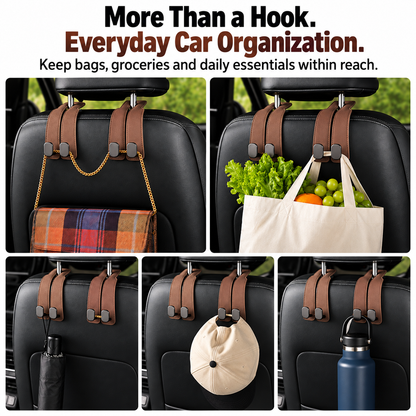 Leather Car Seat Headrest Hooks – Double Metal Purse & Bag Hangers