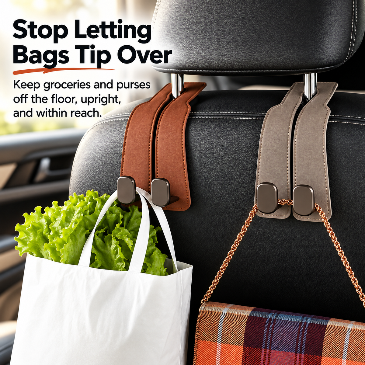 Leather Car Seat Headrest Hooks – Double Metal Purse & Bag Hangers