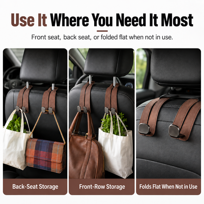 Leather Car Seat Headrest Hooks – Double Metal Purse & Bag Hangers