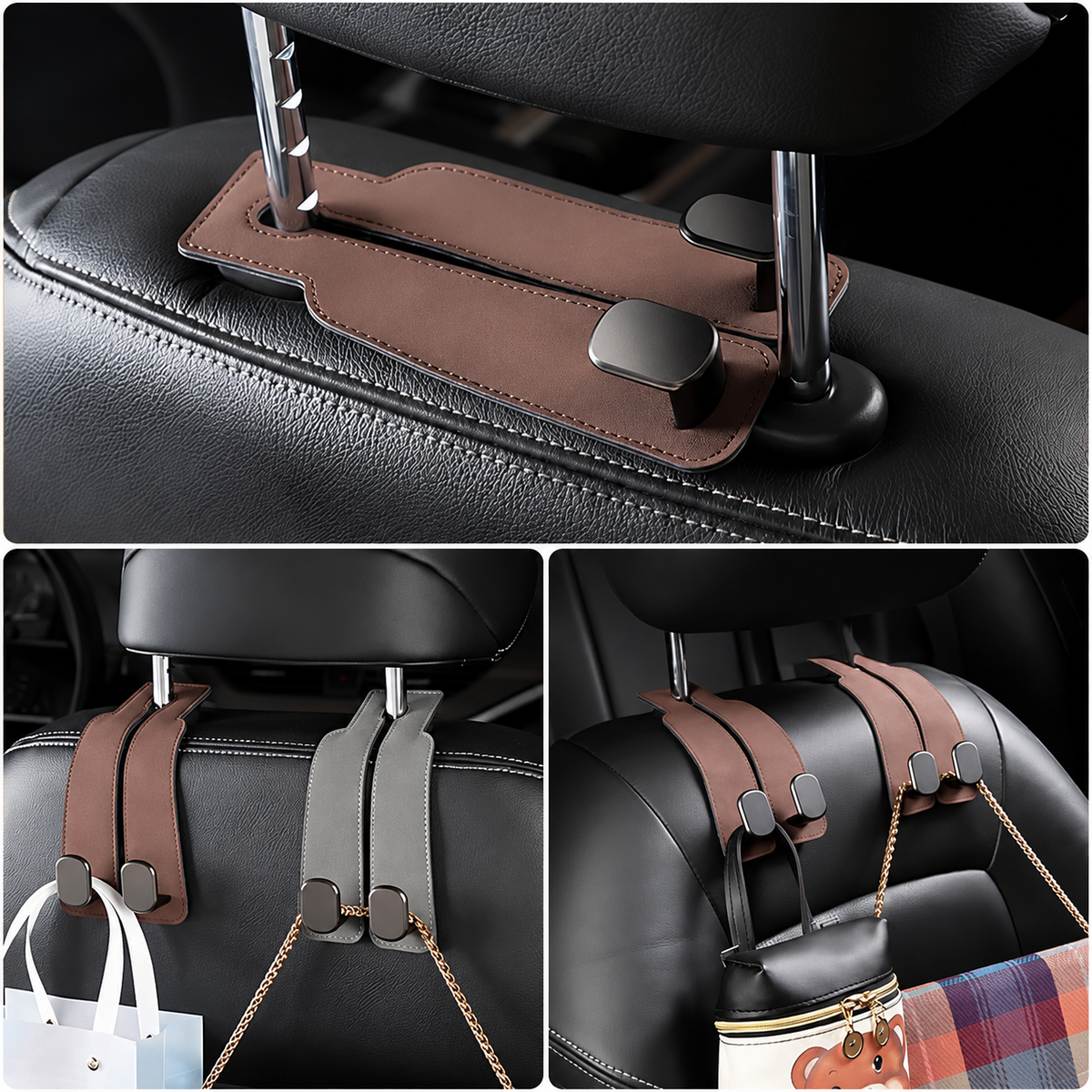 Leather Car Seat Headrest Hooks – Double Metal Purse & Bag Hangers