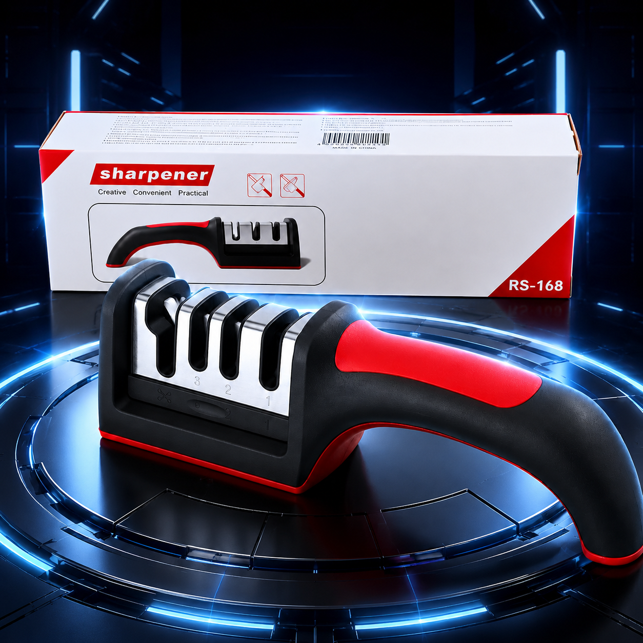 4-in-1 Kitchen Knife Sharpener, Professional Grade with Tungsten Steel and Ceramic Slots, Scissor Sharpening, Black/Red