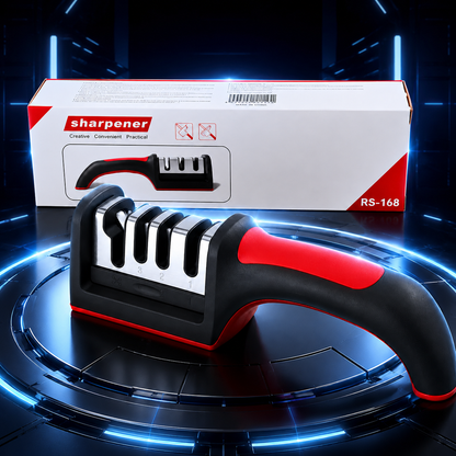 4-in-1 Kitchen Knife Sharpener, Professional Grade with Tungsten Steel and Ceramic Slots, Scissor Sharpening, Black/Red