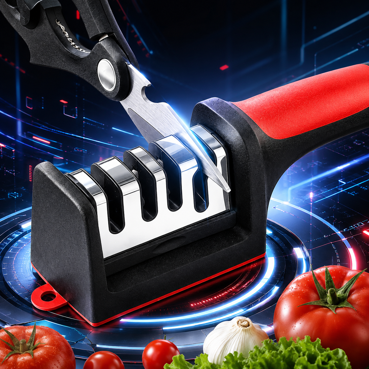 4-in-1 Kitchen Knife Sharpener, Professional Grade with Tungsten Steel and Ceramic Slots, Scissor Sharpening, Black/Red