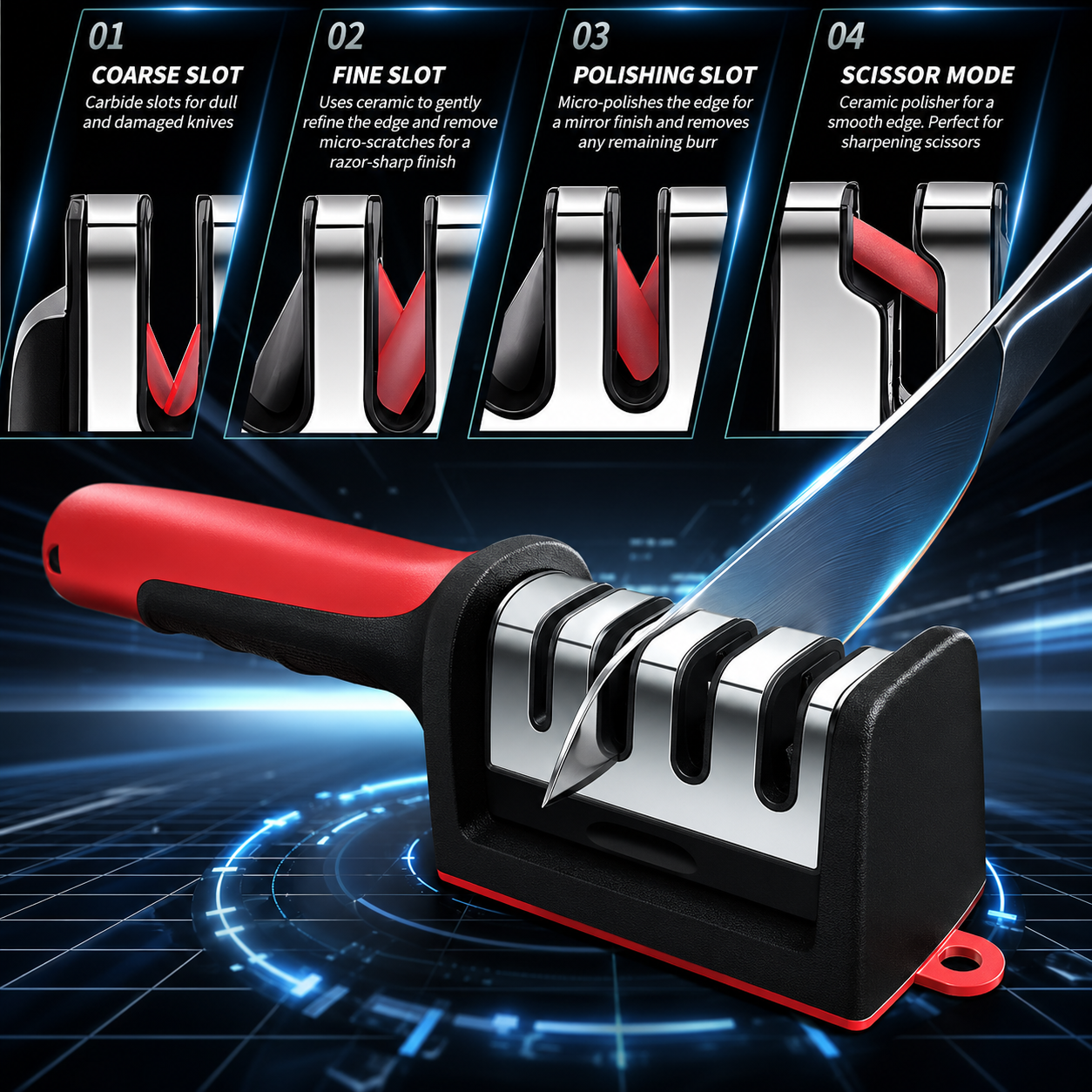 4-in-1 Kitchen Knife Sharpener, Professional Grade with Tungsten Steel and Ceramic Slots, Scissor Sharpening, Black/Red