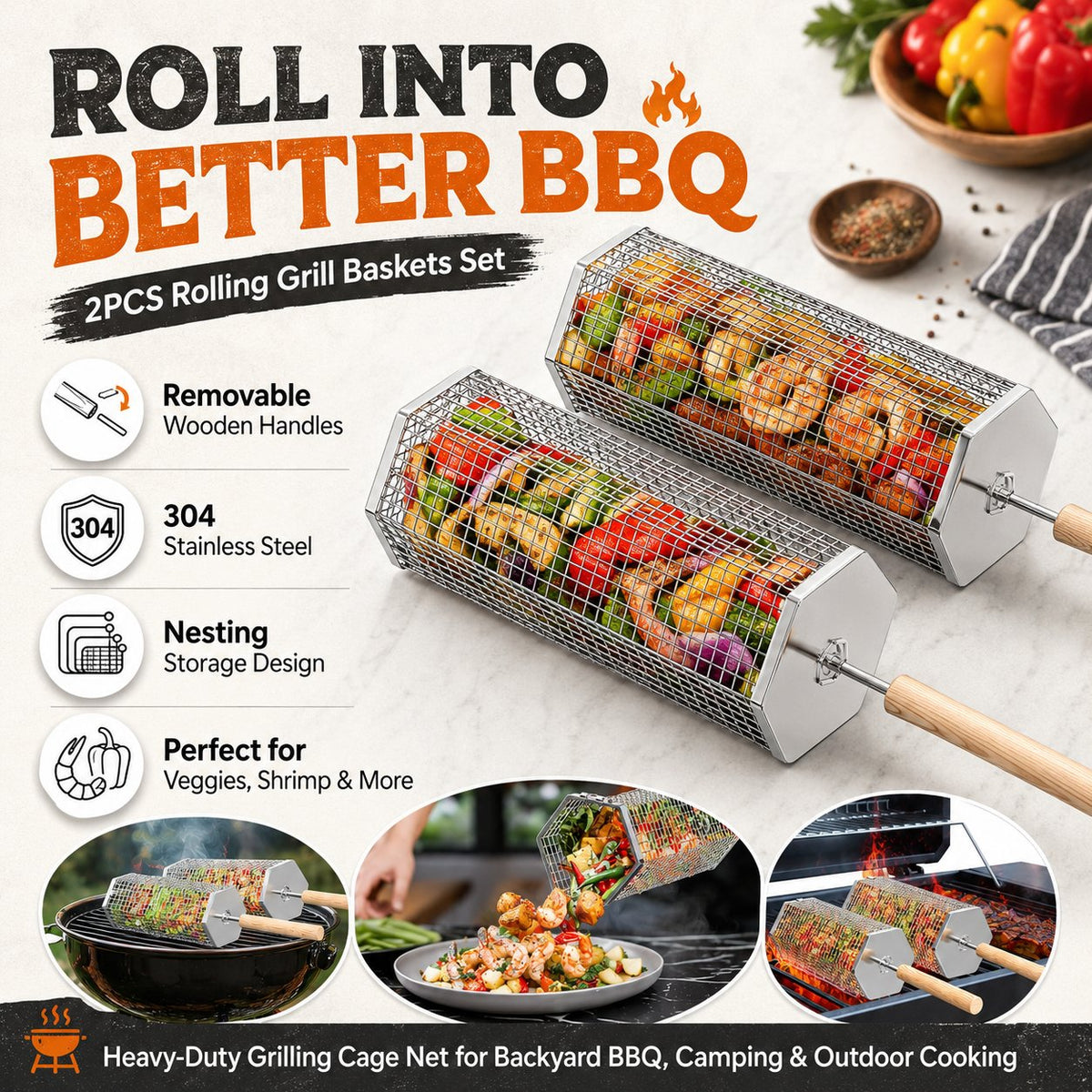 🍢 Rolling Grill Baskets | No More Burnt Veggies—Grill Perfectly Every Time! 🔥