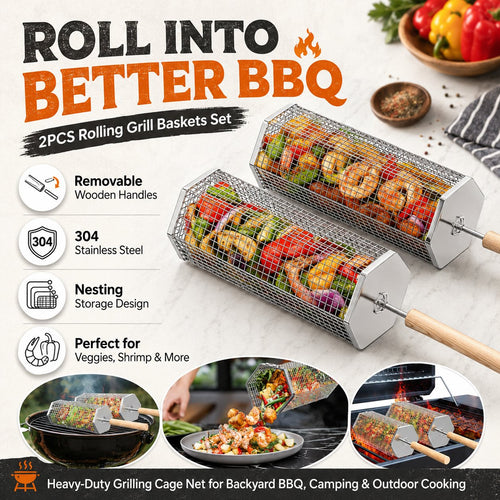 🍢 Rolling Grill Baskets | No More Burnt Veggies—Grill Perfectly Every Time! 🔥