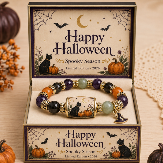 Limited Edition 2026 Halloween Black Cat Pumpkin Beaded Bracelet Gift Set, Stretch Halloween Bracelet with Witch Hat Charm, Spooky Season Jewelry for Women, Fall Autumn Jewelry Gift