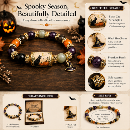 Limited Edition 2026 Halloween Black Cat Pumpkin Beaded Bracelet Gift Set, Stretch Halloween Bracelet with Witch Hat Charm, Spooky Season Jewelry for Women, Fall Autumn Jewelry Gift