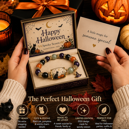 Limited Edition 2026 Halloween Black Cat Pumpkin Beaded Bracelet Gift Set, Stretch Halloween Bracelet with Witch Hat Charm, Spooky Season Jewelry for Women, Fall Autumn Jewelry Gift