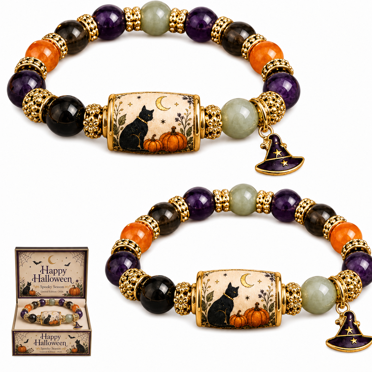 Limited Edition 2026 Halloween Black Cat Pumpkin Beaded Bracelet Gift Set, Stretch Halloween Bracelet with Witch Hat Charm, Spooky Season Jewelry for Women, Fall Autumn Jewelry Gift